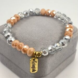 Erimish Silver Peach Coated Glass Faceted Beaded Stretch Bracelet